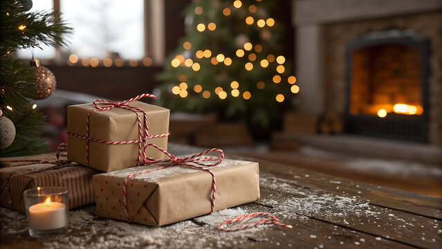 Cozy Christmas Gift Boxes Wrapped in Kraft Paper with Red String on Wooden Table by Fireplace