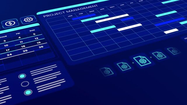 Perspective view of digital workflow management panel tracking monthly milestones and task schedules.