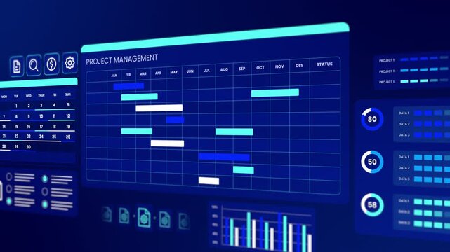 Angled perspective view of project management workflow dashboard displaying monthly planning gantt chart.