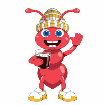 Cartoon ant character wearing yellow beanie hat holding glass of dark soda pop beverage isolated vector illustration for children clothing design and party decoration.