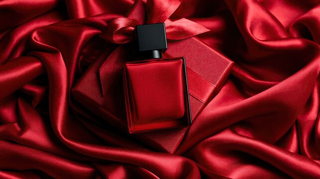 Luxury square red perfume bottle with black cap placed on wrapped gift box over wrinkled red silk fabric shows elegant fragrance product for holiday gift
