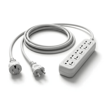 White electrical power strip, socket, plug isolated, cable, extension cord, connector on white background, electronic accessories