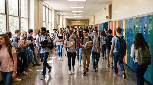 Diverse group of high school students walking and talking in busy locker lined hallway during daytime between classes socializing and carrying backpacks