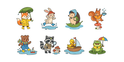 Obraz premium Cute Rainy Day Animals Vector Set with Fox Rabbit Hedgehog Squirrel Bear Raccoon Duck and Frog Illustrations