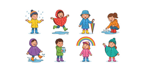 Fototapeta premium Cute Children in Colorful Raincoats and Boots Enjoying Rainy Weather Outdoor Illustration