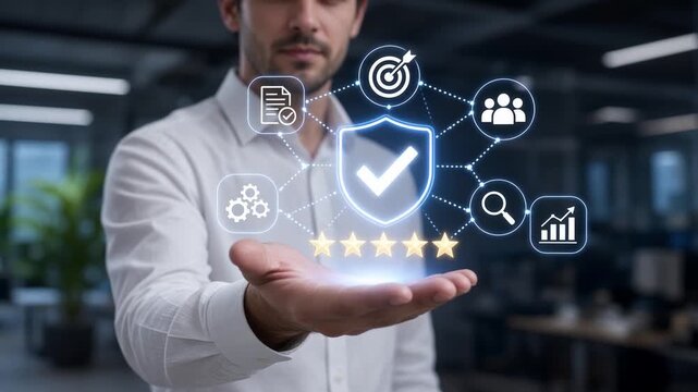 Businessman holding virtual shield with checkmark and business icons representing trust, security, and top-rated quality assurance in a modern corporate office environment