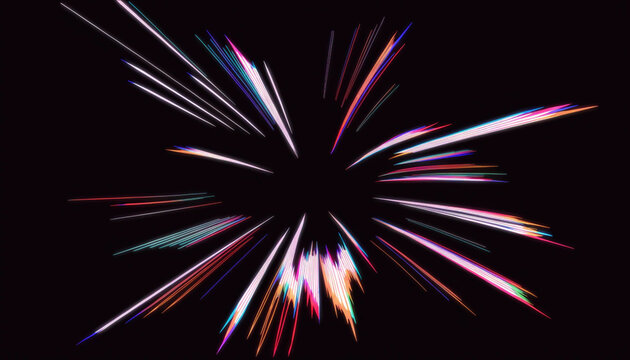 Abstract cosmic explosion with light rays and glowing energy trails on black background