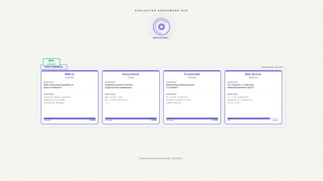 Design for evaluation benchmark suite with performance metric category boxes on a web background. Ideal for tech companies branding.