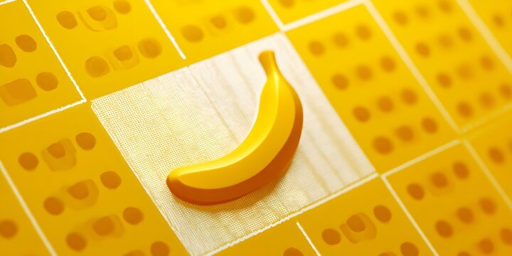 A glossy banana illustration sits on a textured napkin against a geometric background.