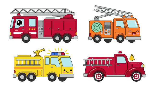 Cute Fire Truck Vector Clipart Set featuring Cartoon Emergency Vehicles, Red Ladder Truck, Orange Water Hose Engine, Yellow Siren Cruiser, and Vintage Fire Engine