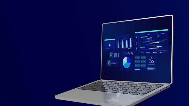 Side perspective view of laptop computer presenting target audience metrics, pie charts, and task schedules.