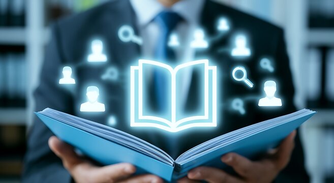 Corporate professional reviewing digital policy document with compliance icons. Governance, regulation management, and modern business documentation workflow in a professional office environment.