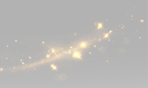 Golden radiant stars with glowing sparkle trail, bright light flares, shimmering glitter, luminous starbursts and glamorous shine effect