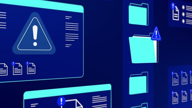 Blue digital interface displaying data folder alert icons and system warning notification panels.