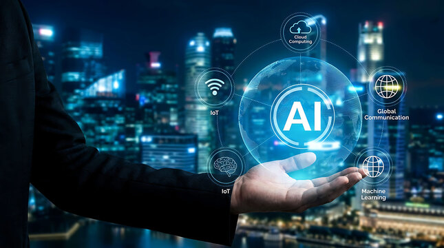 Businessman holding AI globe icon with smart city iot cloud technology network