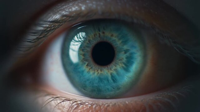 Extreme macro footage of a single beautiful healthy human eye with a rich teal iris and natural patterns for national eye exam month