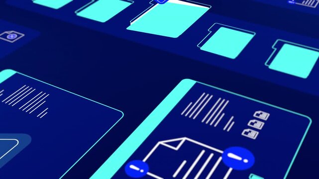 Isometric view of blue digital interface displaying folder warning signs and secure data file notifications.