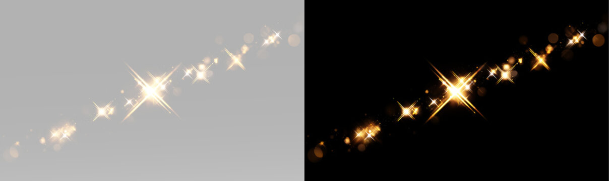 Golden star sparkles with glowing light streak, bright glitter flares, radiant starbursts, shimmering particles and elegant magical shine effect