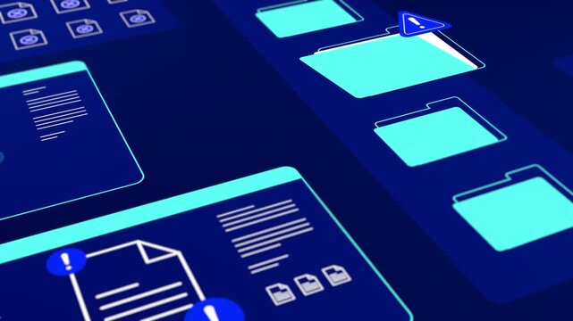 Angled overview of high tech blue dashboard monitoring system folder alert icons and data file security.