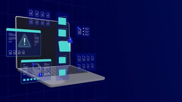 Open laptop computer showing futuristic blue interface with floating data security alert folder panels.