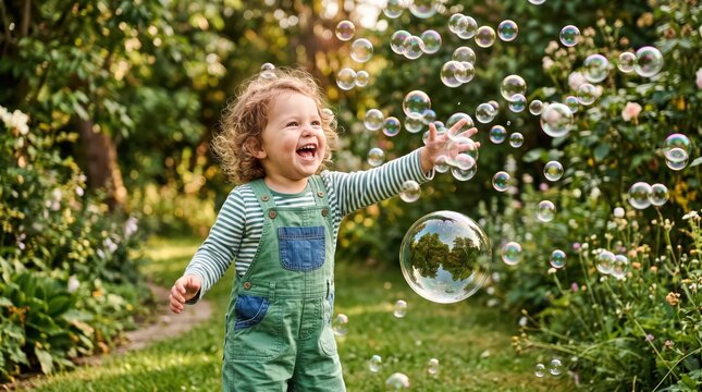 Happy toddler running through garden reaching for floating soap bubbles in sunlit lawn wearing green overalls, playful outdoor summer moment full of joyful motion.
