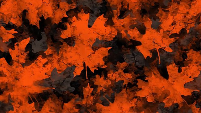 Abstract seamless repeating camouflage texture pattern with vibrant orange and dark shapes moving slowly for spooky autumn and Halloween background