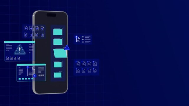 Standing smartphone displaying blue digital interface with floating security alert folders and data files.