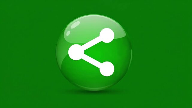 Animated glossy green share button with white arrow icon pulsing on a chroma key background for video editing