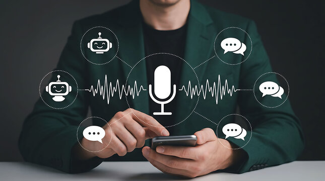 Businessman using voice recognition search and AI chatbot assistant on smartphone