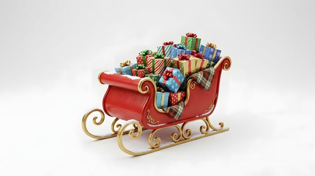 Vintage red Santa sleigh full of colorful Christmas gifts, festive holiday sled with wrapped presents, winter seasonal decoration