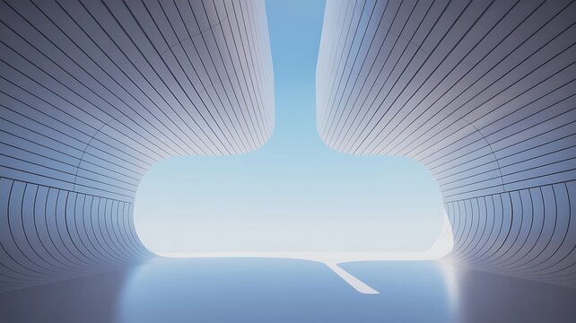 Modern abstract white geometric spiral tunnel interior structure against clear blue sky, 3D rendering