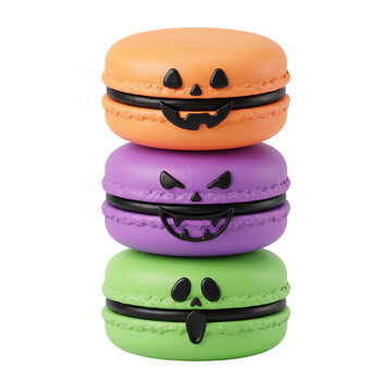 Spooky Halloween macarons stacked with cute monster faces isolated on transparent background