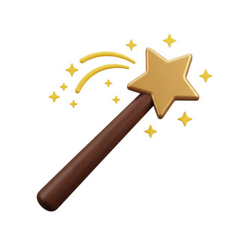Golden star magic wand with yellow sparkling stars and fairy dust on a transparent background