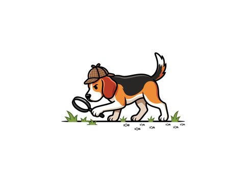 A Tricolor Beagle Dog In A Plaid Detective Hat Holding A Magnifying Glass And Sniffing Paw Prints On A Grassy Ground With Scattered Blades Of Grass Vector Illustration