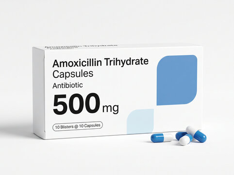 Amoxicillin antibiotic capsules in a white pill box