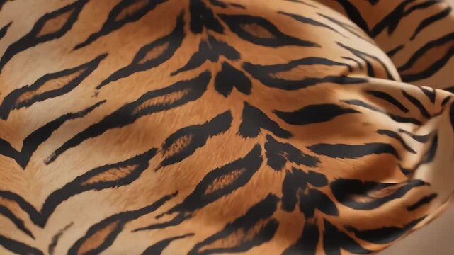 Elegant fabric texture with orange and black tiger stripe pattern waving slowly in a gentle breeze creating soft shadows and highlights