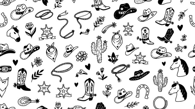 Pink Cowgirl Western Doodle Seamless Pattern with Boots Hats and Horseshoes