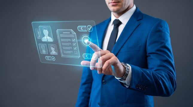 Businessman interacting with digital interface for human resources, recruitment, talent acquisition, and performance management concept