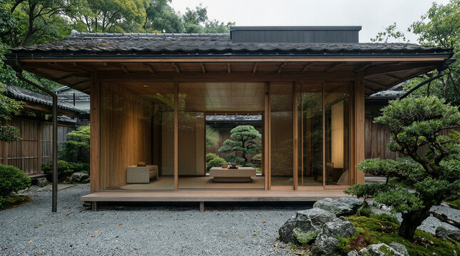 Bonsai courtyard viewed through sliding glass panels inside a minimalist house featuring harmonious proportions and a gravel landscape