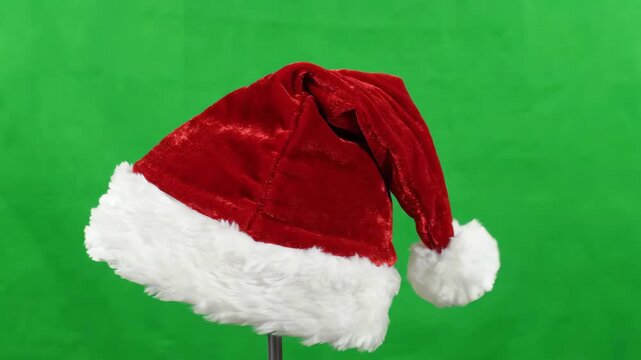Festive red velvet Santa hat spinning and rotating against a bright green screen background for easy keying