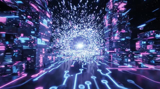 Futuristic digital landscape featuring floating 3D geometric shapes and neon glowing circuit patterns moving through a virtual reality dimension