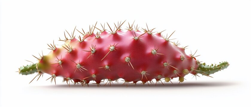 A vibrant red cactus fruit, covered in small spines, rests on a white background. Its oblong shape and succulent texture are highlighted