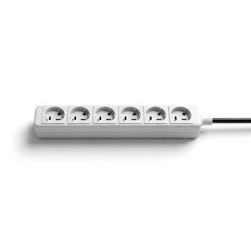 White power strip with six electrical outlets, extension cord with multiple sockets, portable power distributor for home office