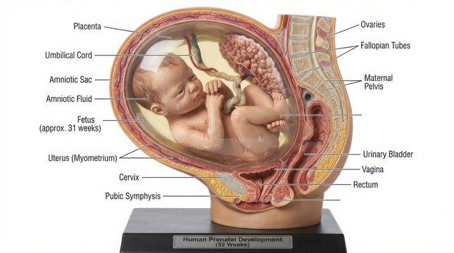 Human pregnancy cross-section with fetus at 31 weeks illustration