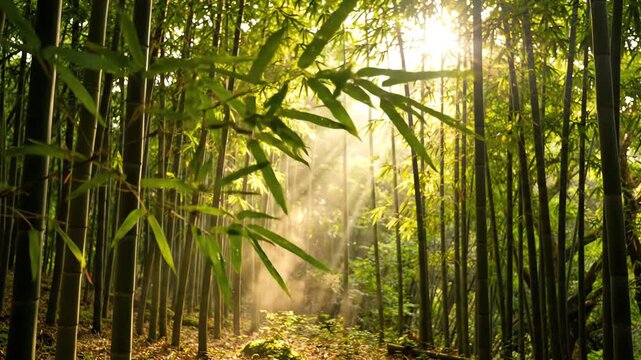 Lush green bamboo stalks swaying gently in a dense forest grove with sunlight filtering through the canopy and soft wind motion