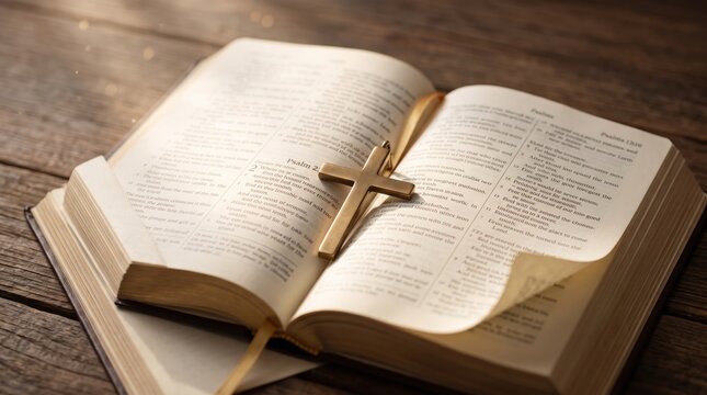 Open holy bible book with golden cross on wooden table background, christianity religion and faith concept