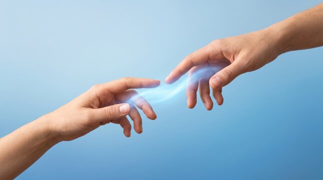 Two hands reaching out connecting with blue energy light stream, human connection and telepathy concept