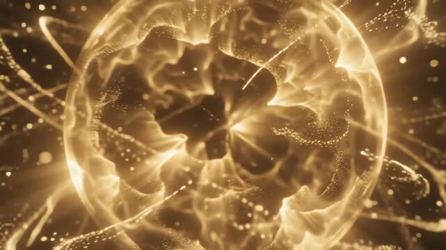 Mesmerizing abstract golden light orb glowing and pulsating with shimmering particles swirling in a dark space creating a celestial atmosphere