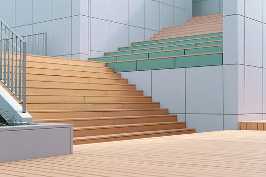 Modern outdoor staircase and planter with clean lines, green accents and wooden steps, illustrating urban design and functional architecture.