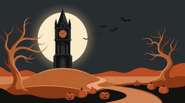 Spooky halloween night scene with big ben and silhouetted bare trees under a full moon